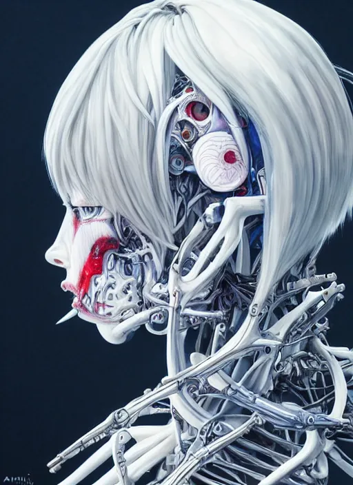 Image similar to Rei Ayanami by Yoshitaka Amano, by HR Giger, biomechanical, profile portrait, 4k, wide ayes, hyper detailed, hyperrealism, anime, a Blood Moon rising on a Broken World 4k very detailed deviantart artstation