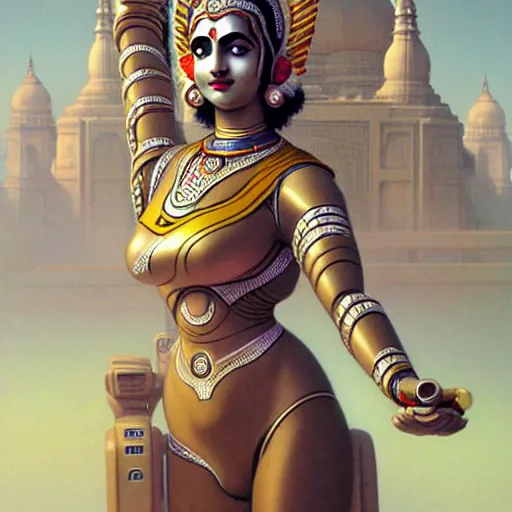 Image similar to Futuristic laxmi Indian Goddess in a robot spacesuit, sci-fi, fantasy, intricate, beautiful, elegant, attractive, indian goddess of wealth, highly detailed, digital painting, artstation, masterpiece, concept art, smooth, sharp focus, art by artgerm, hajime sorayama, William-Adolphe Bouguereau and greg rutkowski