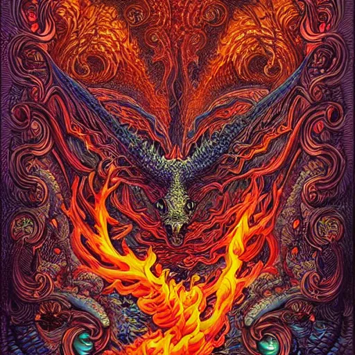 Image similar to a painting of a dragon in a flame, digital art by joe fenton, alex grey, behance contest winner, psychedelic art, psychedelic, lovecraftian, biomorphic, intricate, detailed