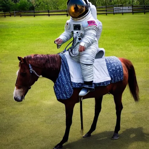 Prompt: photo of astronaut standing on all fours with a cute dappled horse which is sitting on his back in saddle