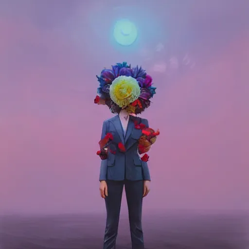 Image similar to giant rose flower head, frontal, girl in a suit, surreal photography, sunrise, dramatic light, impressionist painting, digital painting, artstation, simon stalenhag