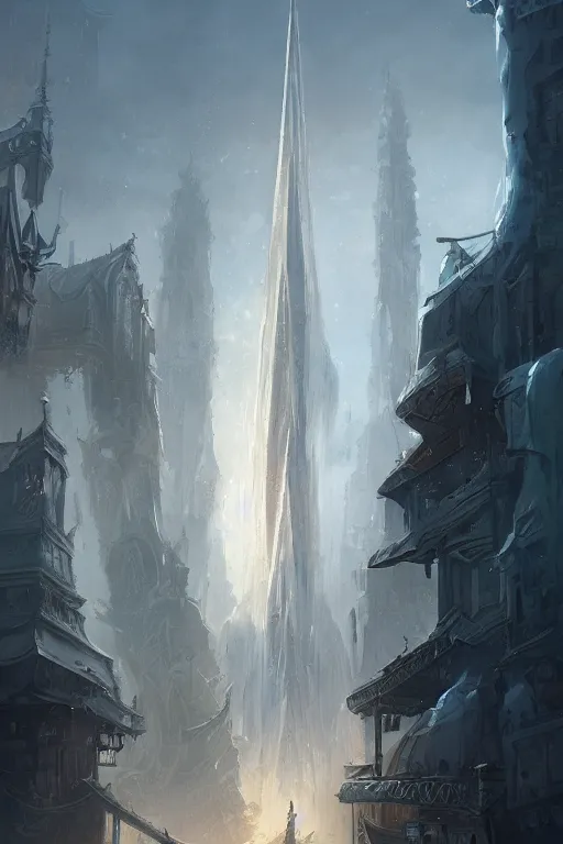 Image similar to street - level view of a magnificent white spire made of polished marble rising above a fantasy city, marc simonetti, anato finnstark, randy vargas, diego gisbert llorens, bayard wu, fantasy concept art, trending on artstation, 4 k, digital painting, beautiful