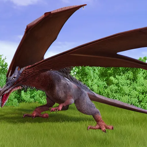 Image similar to medium sized brown feathered wyvern that stands on 2 legs with razor sharp teeth and sharp claws, extremely detailed, 4 k