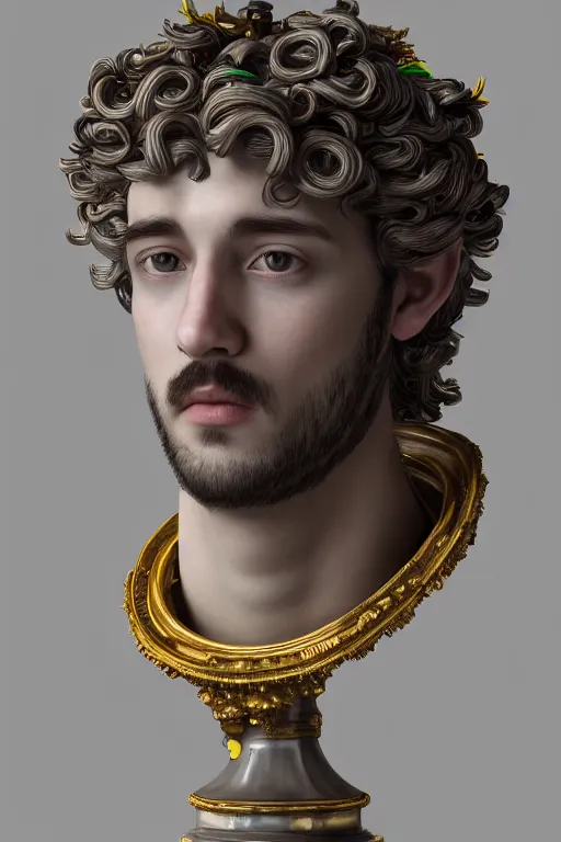 Image similar to a realistic porcelain full-head rococo style bust of handsome young Spanish prince a faded style haircut and a crown made of colored pipecleaners, suspended in outer space, photorealism, octane render, depth of field, 8k, 35mm, artgem, Trending on artstation