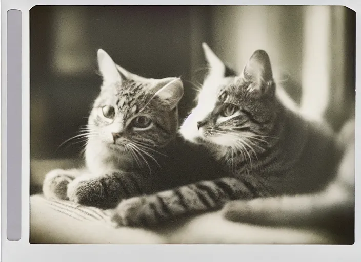 Image similar to photography polaroid of a Jack Cat . watching outside the window. on a bed. in a 70's room full of vinyls and posters, photorealistic, award winning photo, 100mm, sharp, high res