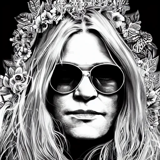 Prompt: An extremely psychedelic portrait of Janis Joplin, surreal, LSD, face, detailed, intricate, elegant, lithe, highly detailed, digital painting, artstation, concept art, smooth, sharp focus, illustration