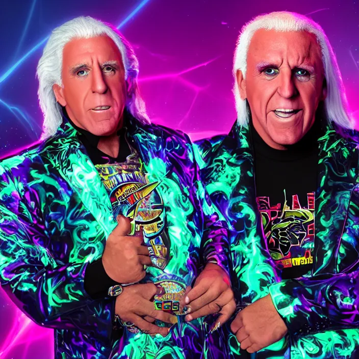 Prompt: wide ((wide)) photo of Ric Flair with a championship belt (((dynamic neon lighting)) in chromatic dmt trippy style of fear and loathing unreal engine 50mm photorealistic