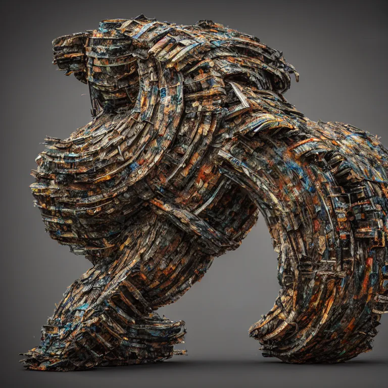 Image similar to mixed media abstract sculpture created with recycled tires and wood / phi, highly detailed, intrincate, overcast flat lighting, octane, lumen unreal 5 / in the style of philippe faraut, stanisław szukalski, beksinsky and gustave dore