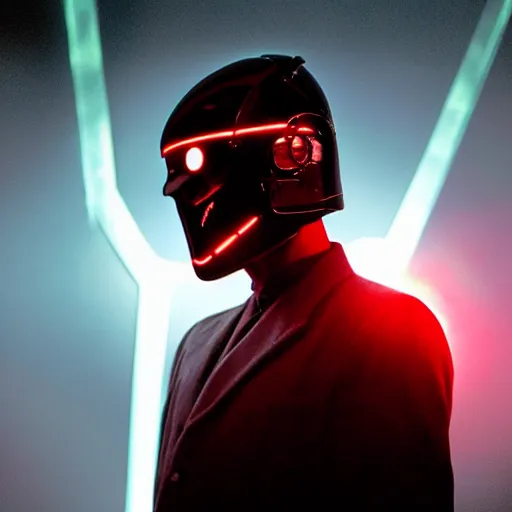 Image similar to movie still of a man with a glowing cyborg helmet, cinematic composition, cinematic light, by edgar wright and david lynch