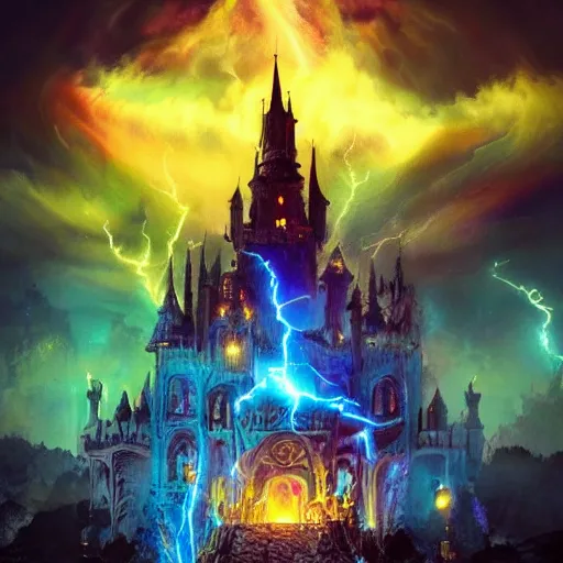 Image similar to A photo of a million sorcerers holding torches attacking magic castle under siege, fire from sky, blue lightnings, dramatic purple thunders, golden meteors, war, dramatic shadows, powerful photo, magic, dramatic lighting, intricate, wild, highly detailed, digital painting, artstation, concept art, smooth, sharp focus, illustration, art by artgerm and greg rutkowski and alphonse mucha, footage