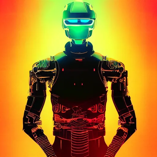 Image similar to “ a highly detailed full body portrait of a cyborg ninja by ilya kuvshinov in synthwave style with a cyberpunk colorful background with brokeh effect ”