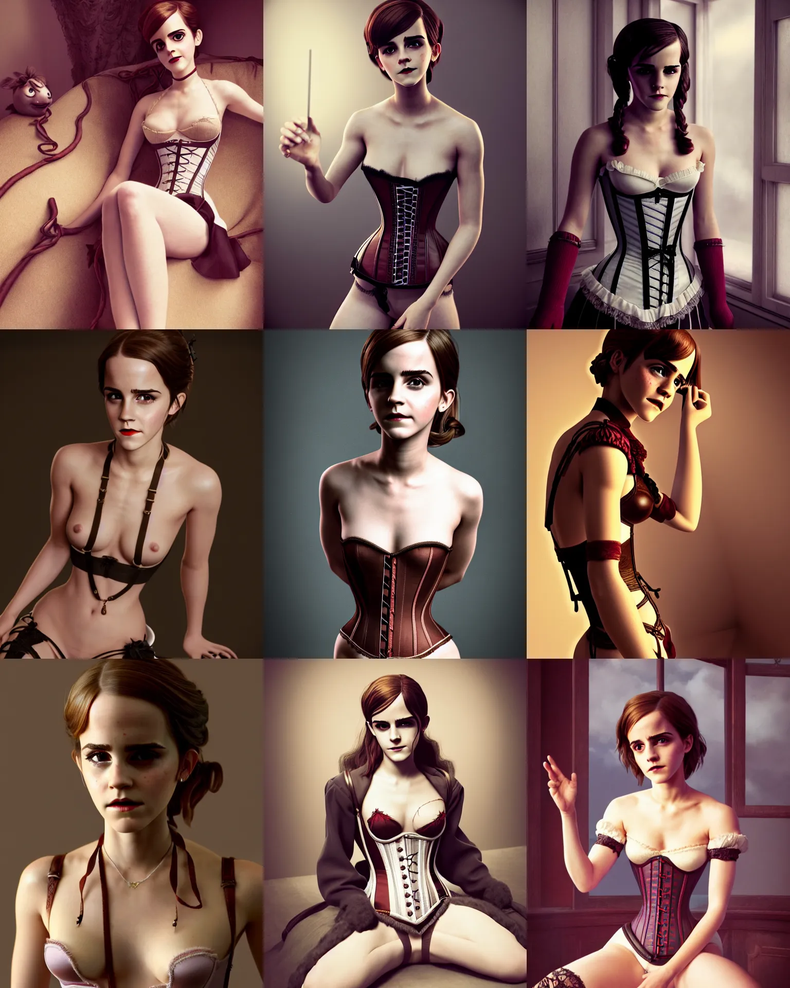 Prompt: full shot portrait of very very beautiful emma watson spreading as maiden in stockings corset bondage home mistress, character design by mark ryden and pixar and hayao miyazaki, unreal 5, daz, hyperrealistic, octane render, cosplay, rpg portrait, dynamic lighting, intricate detail, cinematic