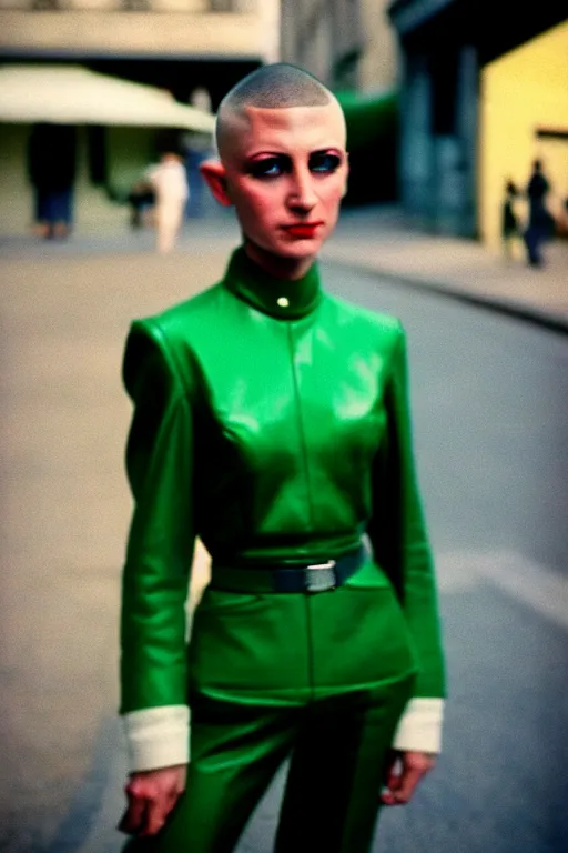 Prompt: ektachrome, 3 5 mm, highly detailed : incredibly realistic, demure, perfect features, buzz cut, beautiful three point perspective extreme closeup 3 / 4 portrait photo in style of chiaroscuro style 1 9 7 0 s frontiers in flight suit cosplay paris seinen manga street photography vogue fashion edition