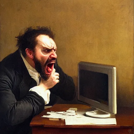 Image similar to an angry man yells at his computer monitor, oil on canvas, 1 8 8 3, highly detailed