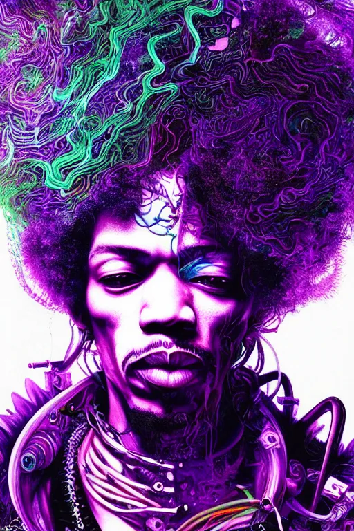 Prompt: A Weirdcore Mesmerizing 8k hyperrealistic portrait of cyberpunk Jimi Hendrix, floating in spirals of iridescent mycelum, surrounded by purple haze, neon lines, by Ayami Kojima, Daytoner, Greg Tocchini, James Jean,Yoshitaka Amano