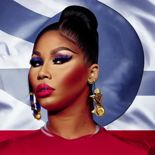 Image similar to presidential photo of Nicki Minaj, centered in the middle of the picture, flag of Argentina behind on the left side, background out of focus