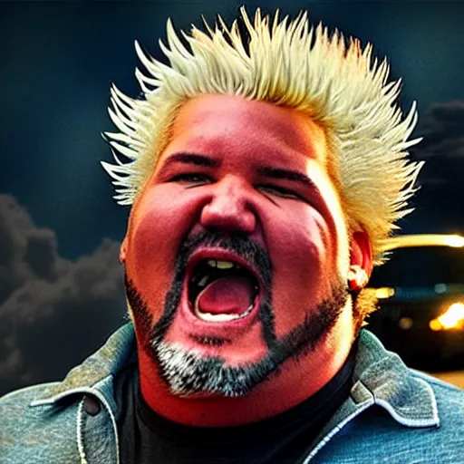 Prompt: guy fieri, turning into an eldritch horror with tentacles, hair sharp like blades, bathing in a giant pan filled with boiling oil, film still from the movie directed by denis villeneuve with art direction by salvador dali