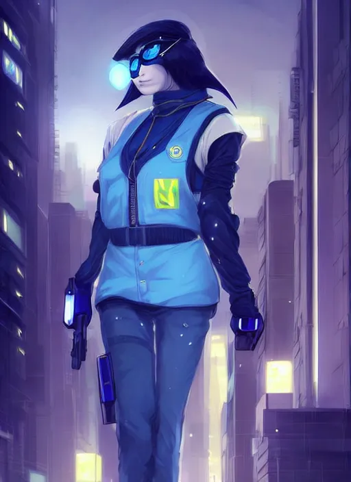 Prompt: A beautiful portrait commission of a female furry anthropomorphic avian blue bird fursona wearing a security guard uniform with a bullet proof vest. Cyberpunk city at night. Atmospheric. Character design by charlie bowater, ross tran, artgerm, and makoto shinkai, detailed, inked, western comic book art. 🐦