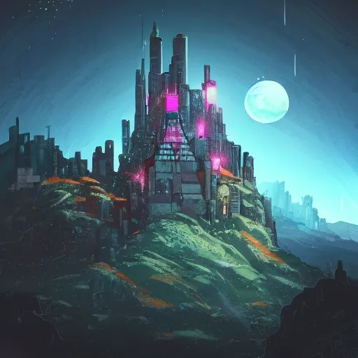 Image similar to stone castle in the style of cyberpunk ontop of a mountain, space sky, anime illustration,