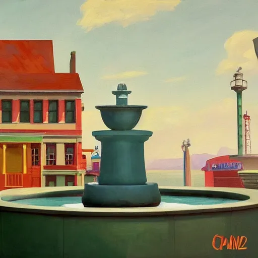 Image similar to a fine art painting of the ingame mascots from planet coaster in a water fountain with planet coaster in view in the style of edward hopper and wes anderson.