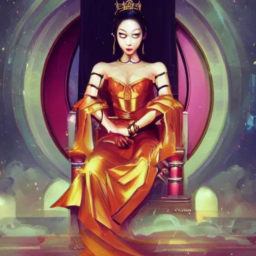 Prompt: portrait of a beautiful young asian woman with shoulder length hair and strong facial bone structure, queen and ruler of the universe, sitting on her throne, men kneeling at her feet, painting by ross tran