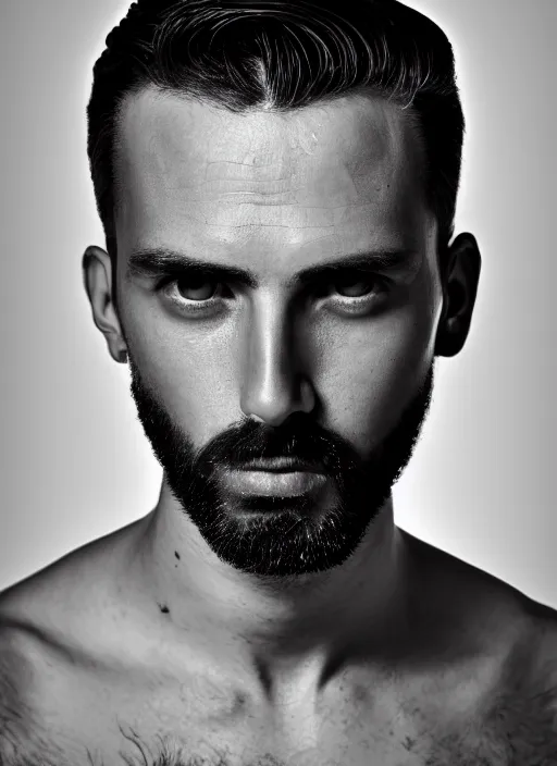 Image similar to black and white head shot, studio photograph of a male symmetrical handsome andrea belluci the painter artist, casual clothes, anxiety and depression, intricate, elegant, highly detailed, hyper realistic, dark background, flickr, smooth, 4 k, 3 0 0 dpi, sharp focus, shot by canon