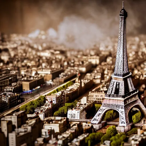 Prompt: a detailed photo of a diorama city, paris eiffel tower, macro photography, zoom, model trees, studio lighting, hyperdetailed, bokeh, smoke