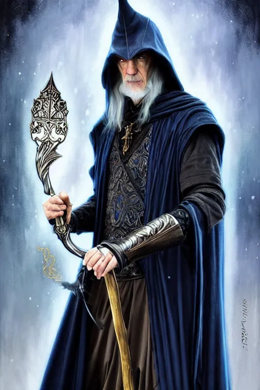 Prompt: handsome mage holding gandalf's staff, long black hair blue eyes wearing leather mantle gothic navy cloak with gold details, castle town, fantasy character portrait, ultra realistic, intricate, elegant, highly detailed, digital painting, artstaion, smooth, sharp, focus, illustration, art by artgerm and greg rutkowski and alphonse mucha