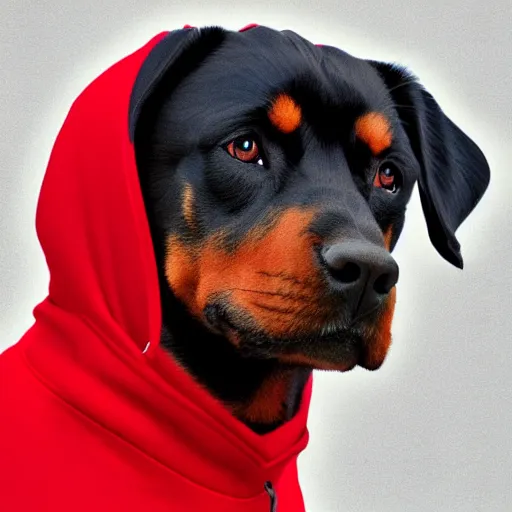 Image similar to Rottweiler wearing a red hoodie, digital art