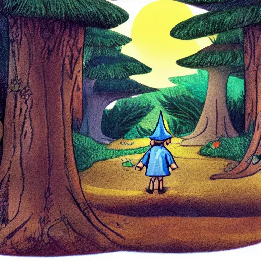 Prompt: tiny wizard navigating a magical forest in children's book