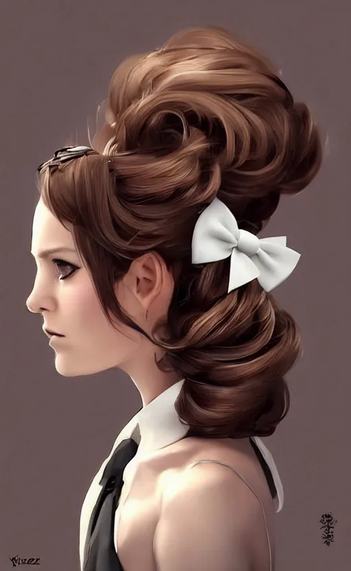 Image similar to beautiful picture of just a hairstyle with a few pearls, tied with a white bow, pinterest hair picture, back of the hair, hair is the focus, In style of Yoji Shinkawa, krenz cushart, Greg Rutkowski, highly detailed