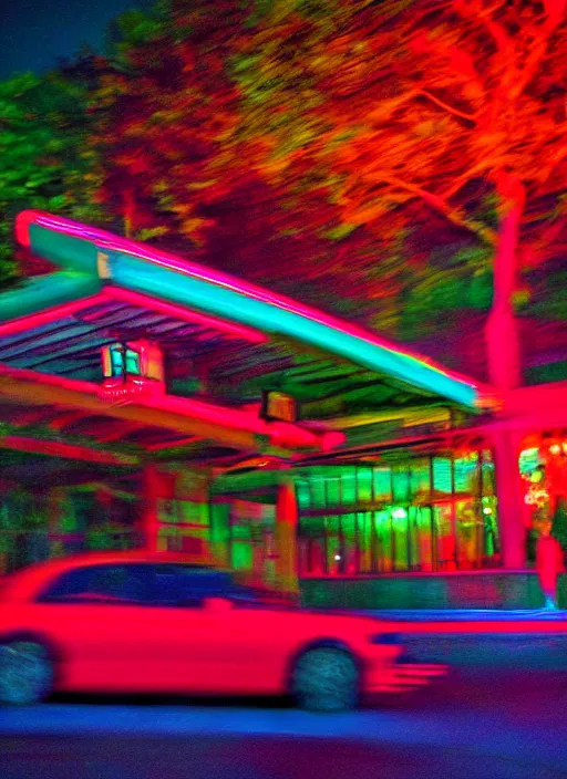 Prompt: Neon night, red lights of the car motion blur, oak alley