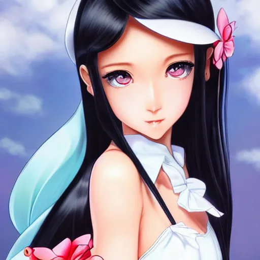 Prompt: depicting a dainty young truant female prep highschool student with long silky straight iridescent black hair and lightly suntanned skin, illustrated by Artgerm and Range Murata.