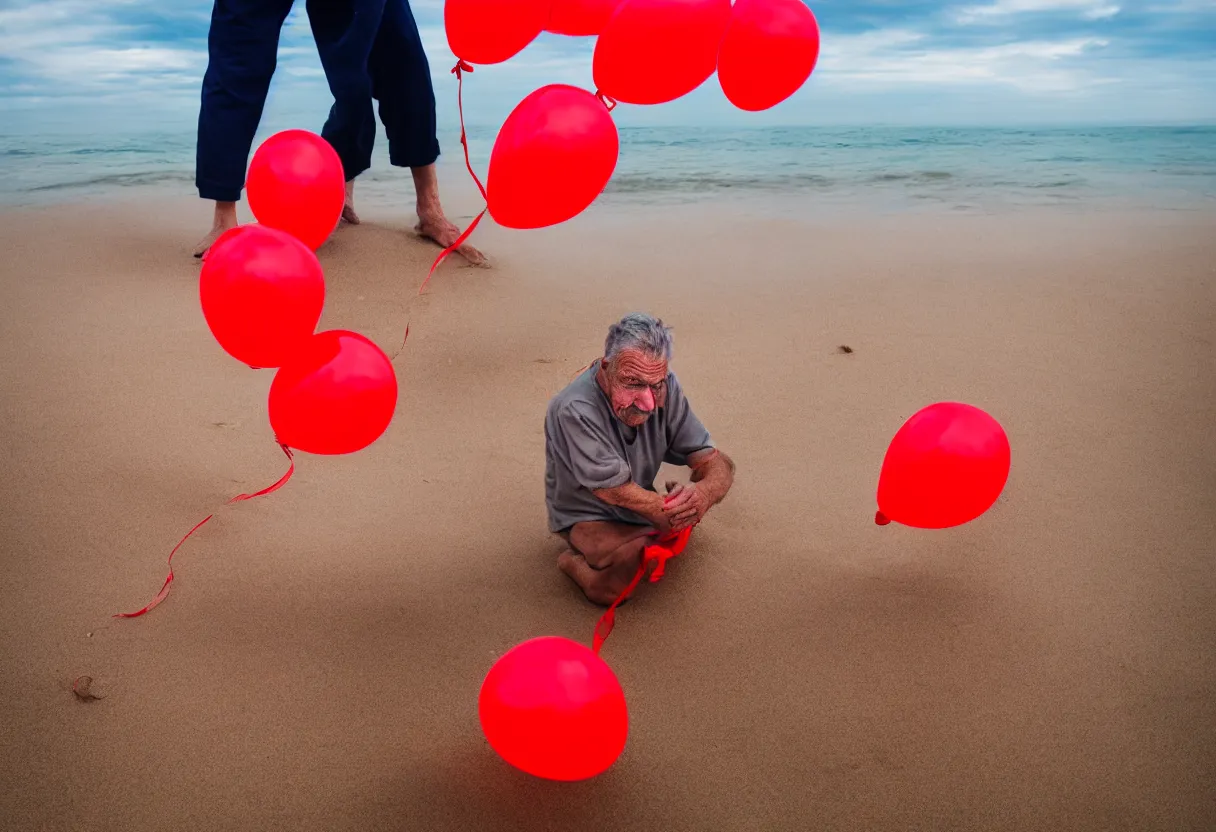 Image similar to a photo of old man on the beach holding red balloons., sharp focus, ground level view