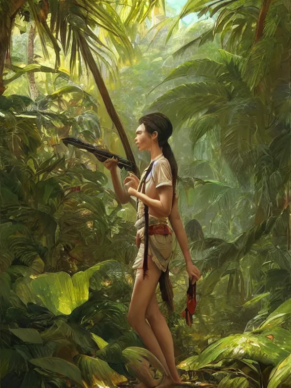 Image similar to an ultradetailed beautiful portrait painting of an explorer marching in a tropical jungle, side view, oil painting, high resolution, by ilya kuvshinov, greg rutkowski and makoto shinkai