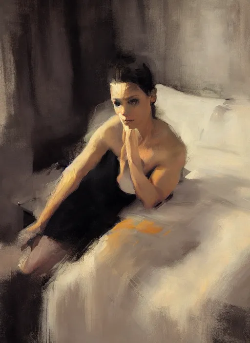 Prompt: portrait painting of a woman in an artistic pose at bed by jeremy mann, only one head single portrait