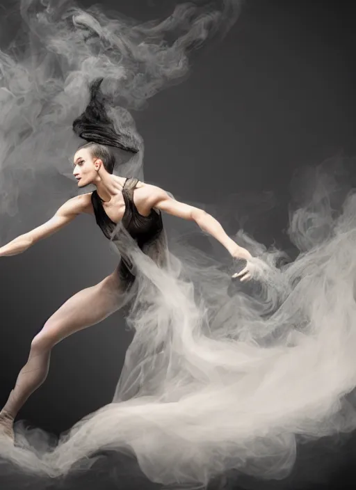 Image similar to a Photorealistic dramatic hyperrealistic render of a beautiful Female smoke dancer by Ken Brower and Deborah Ory of NYC Dance project,Lois Greenfield,Flowing cloth and smoke,Beautiful dynamic dramatic dark moody lighting,volumetric,shadows,cinematic atmosphere,Octane render,8K