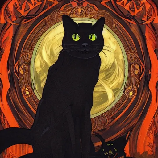 Image similar to an ultra detailed animation of a black cat with bats in a graveyard at midnight on halloween tattoo, digital art, dark fantasy, concept art, soulslike, by alphonse mucha, blood moon eclipse, ruined building in the background, artstation, 8 k, unreal engine render