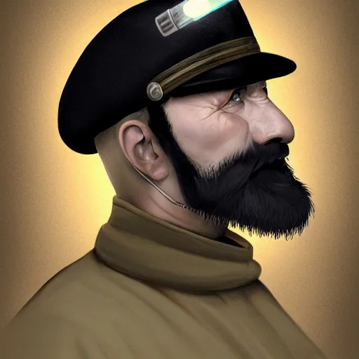 Image similar to character portrait of a russian man in khaki military tunic wearing black hat with black moustache holding a lightsaber, no beard, medium shot, concept art, global illumination, 4 k, hyper detailed, pixar animation style, 8 k, studio light, award winning, by artgerm, sylvain sarrailh, rossdraws, wlop, beautiful!.