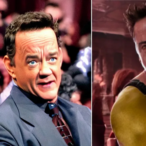 Prompt: a mortal kombat fight of tom hanks vs robert downey jr