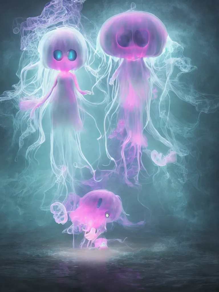 Image similar to cute fumo plush smiling ectoplasmic gothic jellyfish ghost girl dancing over mysterious waters, anime, reflective moonlit river in the midst of a forgotten forest, glowing pink wisps of hazy green smoke and eerie blue volumetric fog swirling, glowing lens flare, black and white, refraction, vray