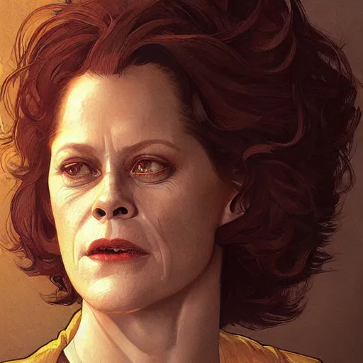 Image similar to portrait of Sigourney Weaver opening his mouth to eat pizza, highly detailed, digital painting, artstation, concept art, sharp focus, illustration, art by artgerm and greg rutkowski and alphonse mucha