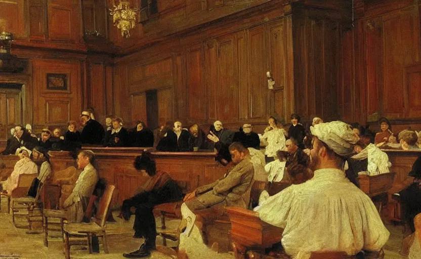 Image similar to high quality high detail painting by ilya repin, court room, hd