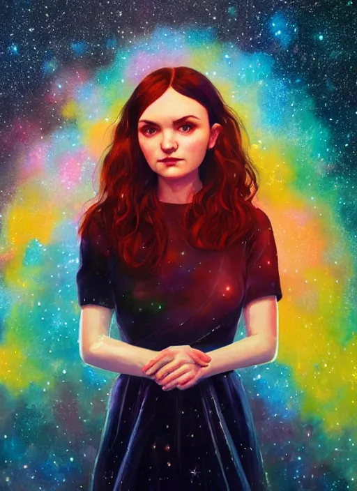 Image similar to full - length portrait of lauren mayberry, standing in front of a colorful starry galaxy, detailed face, fantasy, cinematic lighting, digital art painting, fine details by realistic shaded lighting poster by ilya kuvshinov katsuhiro otomo, magali villeneuve, artgerm, jeremy lipkin and michael garmash and rob rey