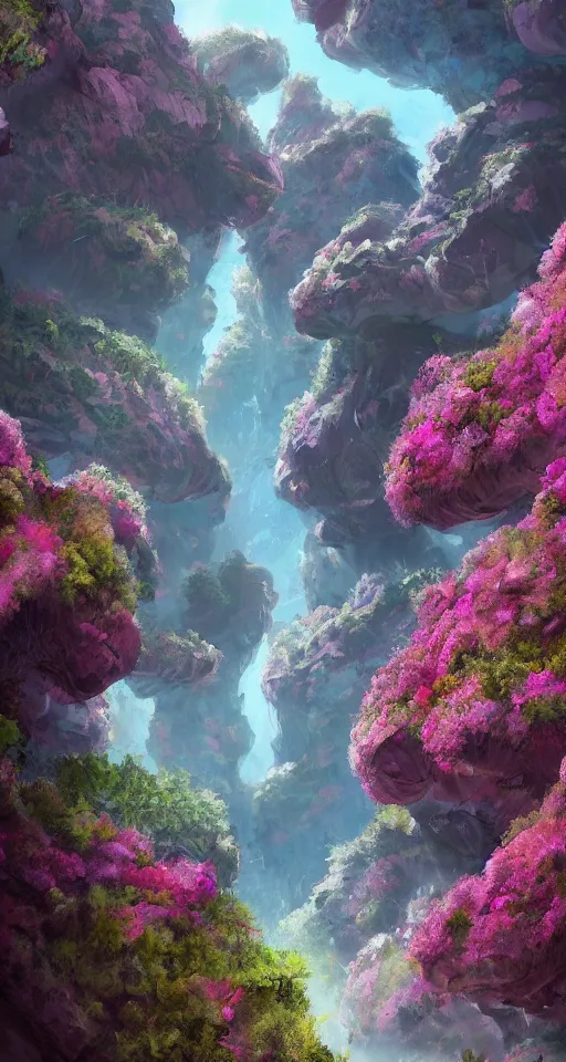 Prompt: canyon filled with flowers and trees, spaceships flying through, artstation, detailed, alien planet