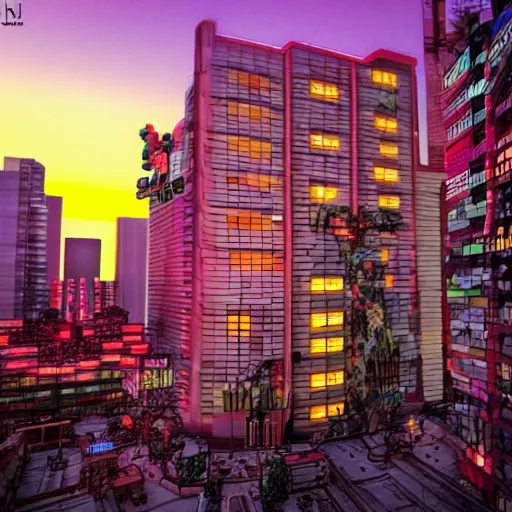 Image similar to Neo Tokyo, main building, sunset