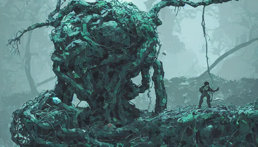 Image similar to stone golem, true evil, covered in ivy, dormant in chains, broken, calling a tiny traveller nearby, sharp focus, james gilleard, cinematic, game art, extremely detailed digital painting, print