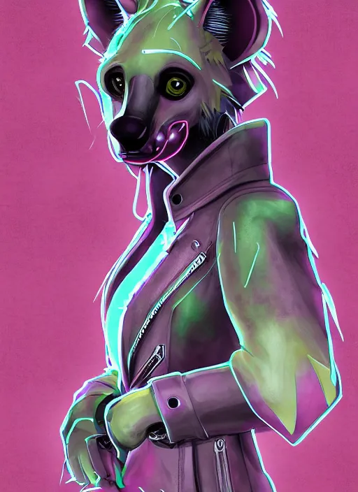 Image similar to cell shaded digital drawing of anthromorphic hyena female, fursona, furry fandom, neon rainy cyberpunk setting, anthro, wearing cyberpunk leather jacket, detailed face,