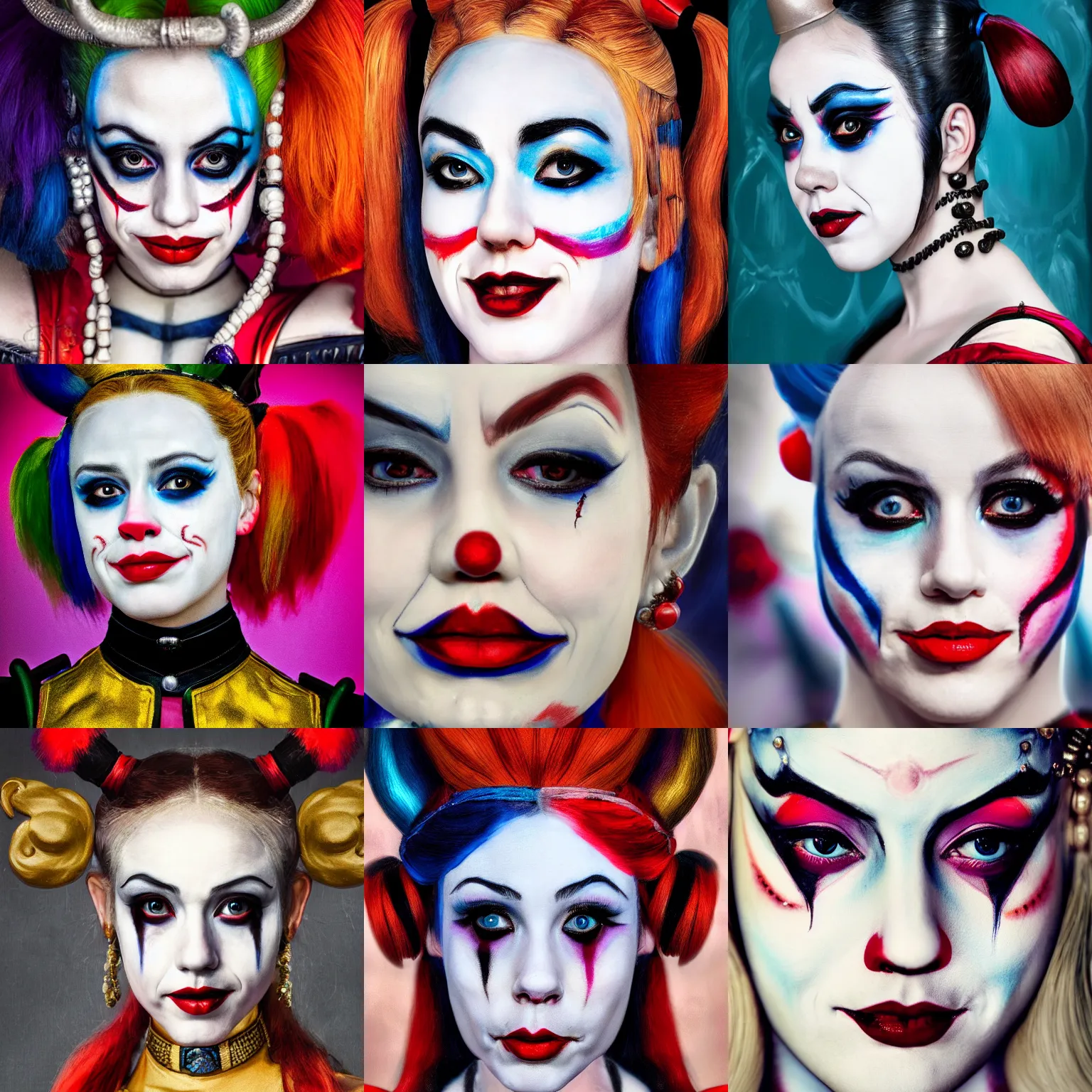 Prompt: harley quinn as an empress, close up portrait painting, clown makeup, 18th century, neoclassicism, very very beautiful, high detail, 4k