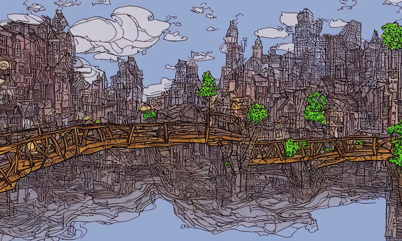 Image similar to wooden bridge, twiddle a twoddle, busy cityscape, digital art, 3 d illustration